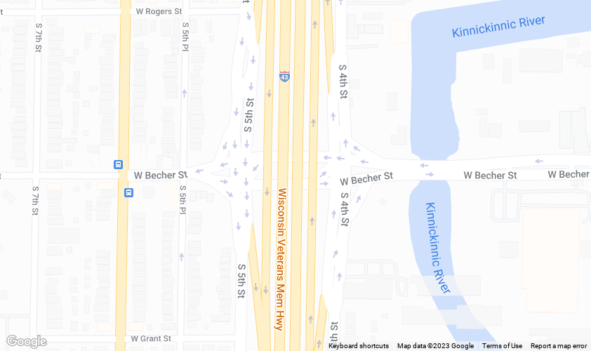 Google Maps image of current I-43 Becher Street Interchange