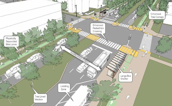 Conceptual rendering of 6th Street from the Downtown Plan 2040. It includes elements like physically separated bike lanes, n